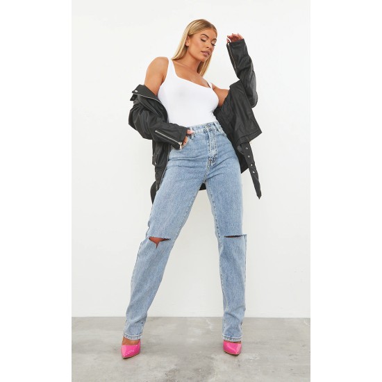 Vintage Light Blue Wash Slash Knee Long Leg Straight Leg Jeans
