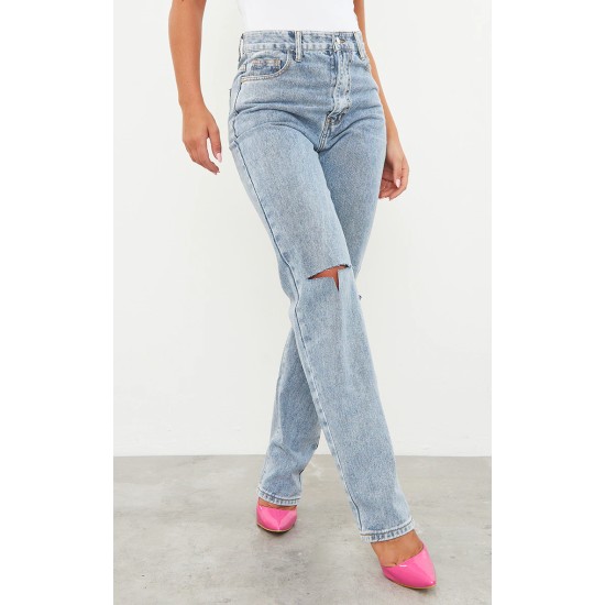 Vintage Light Blue Wash Slash Knee Long Leg Straight Leg Jeans
