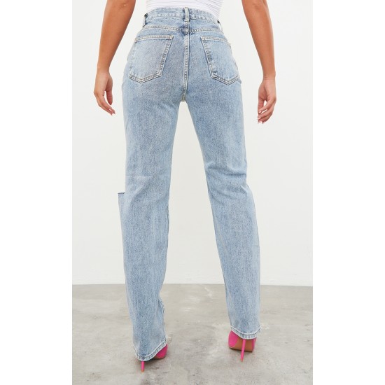 Vintage Light Blue Wash Slash Knee Long Leg Straight Leg Jeans
