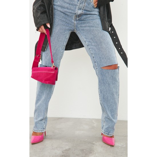 Vintage Light Blue Wash Slash Knee Long Leg Straight Leg Jeans