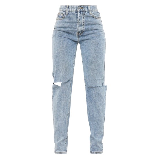 Vintage Light Blue Wash Slash Knee Long Leg Straight Leg Jeans