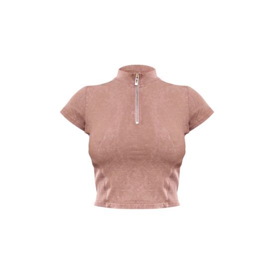 Taupe Washed Zip Up Rib Panel Top
