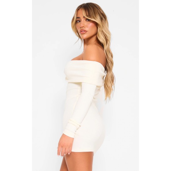 Cream Rib Foldover Bardot Bodycon Dress