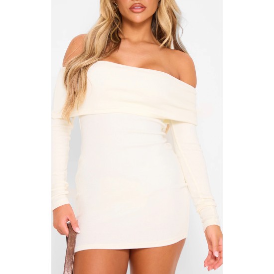 Cream Rib Foldover Bardot Bodycon Dress