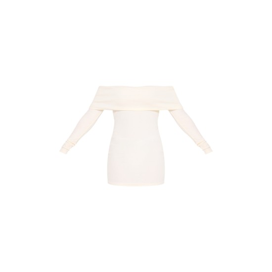 Cream Rib Foldover Bardot Bodycon Dress