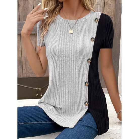 Button Decor Color Block T-Shirt, Casual Crew Neck Short Sleeve Top For Spring & Summer, Women’s Clothing – PRYCUS MITCHELL INC