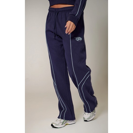 PRETTYLITTLETHING Navy Embroidered Contrast Piping Straight Leg Sweatpants