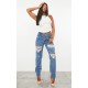PRETTYLITTLETHING Mid Blue Ripped Mom Jeans