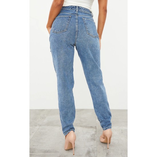 PRETTYLITTLETHING Mid Blue Ripped Mom Jeans