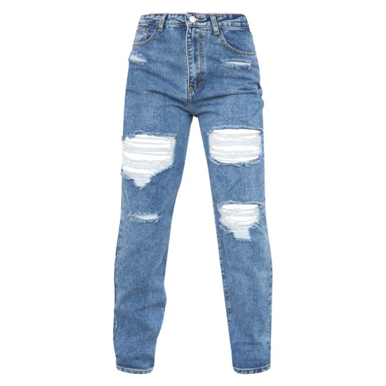 PRETTYLITTLETHING Mid Blue Ripped Mom Jeans