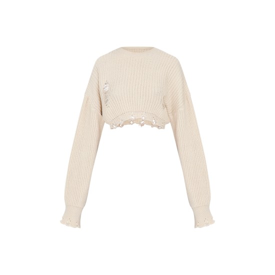 Oatmeal Chunky Knit Distressed Hem Crop Sweater