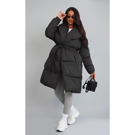 Maternity Black Oversized Collar Belted Longline Puffer Coat