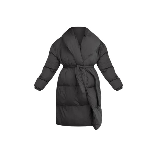 Maternity Black Oversized Collar Belted Longline Puffer Coat