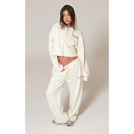 PRETTYLITTLETHING Cream Premium Print Zip Front Hoodie