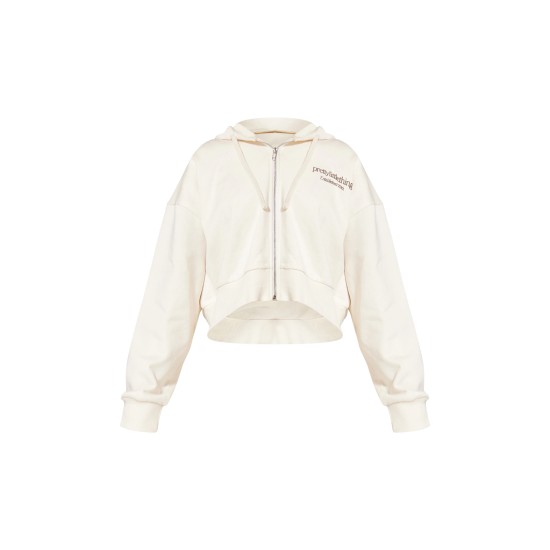PRETTYLITTLETHING Cream Premium Print Zip Front Hoodie