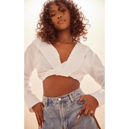 White Satin Bardot Twist Front Crop Blouse