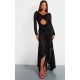 Black Mesh Long Sleeve Frill Detail Cut Out Maxi Dress