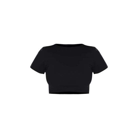 Basic Black Cotton Blend Short Sleeve Crop Top
