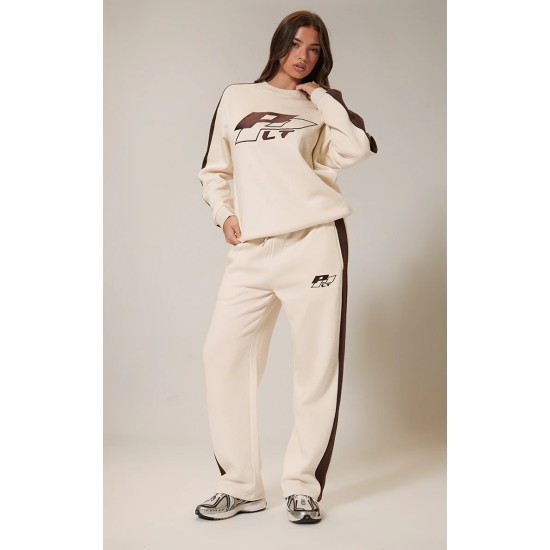 PRETTYLITTLETHING Cream Embroidered Contrast Panel Straight Leg Sweatpants