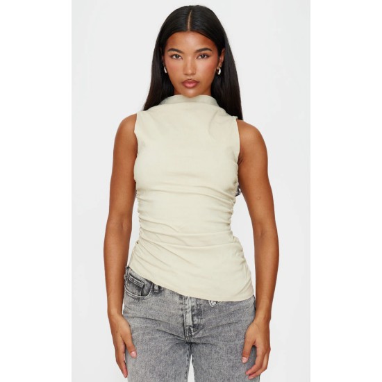 Stone High Neck Ruched Asymmetrical Long Top Stone High Neck Ruched Asymmetrical Long Top