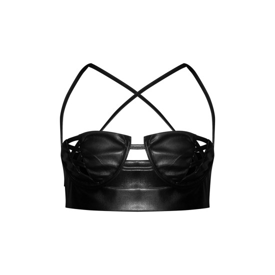 Petite Black Faux Leather Lace Up Top