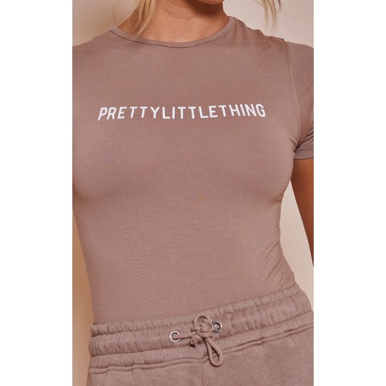 PRETTYLITTLETHING Toffee Logo Short Sleeved Bodysuit