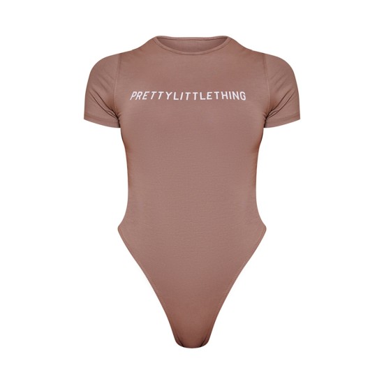PRETTYLITTLETHING Toffee Logo Short Sleeved Bodysuit