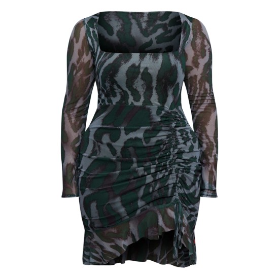 Shape Green Abstract Print Mesh Long Sleeve Ruched Side Frill Hem Bodycon Dress