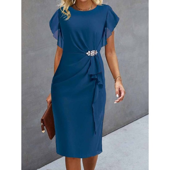 Party Dress Cocktail Dress Wedding Guest Dress Midi Dress Blue Green Short Sleeve Pure Color Ruffle Summer Spring Fall Crew Neck Party Evening Party Wedding Guest Vacation S M L XL 2XL 3XL – PRYCUS MITCHELL INC