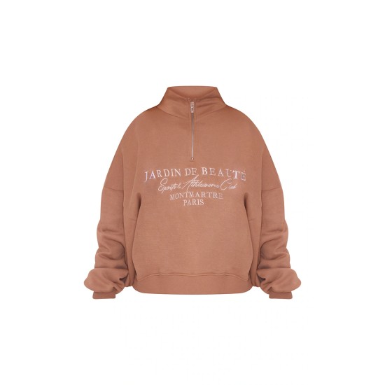 PRETTYLITTLETHING Mocha Logo Embroidered Half Zip Sweatshirt