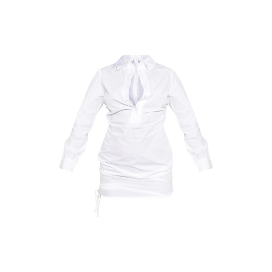 White Ruched Side Fitted Shirt Dress