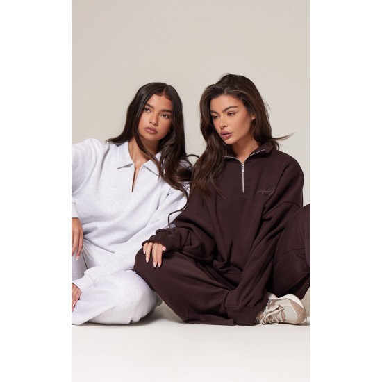 PRETTYLITTLETHING Chocolate Half Zip Embroidered Sweatshirt