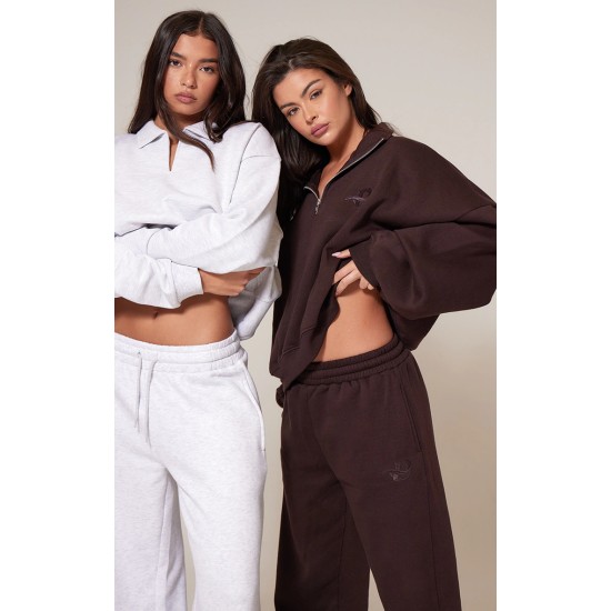 PRETTYLITTLETHING Chocolate Wide Leg Embroidered Sweatpants